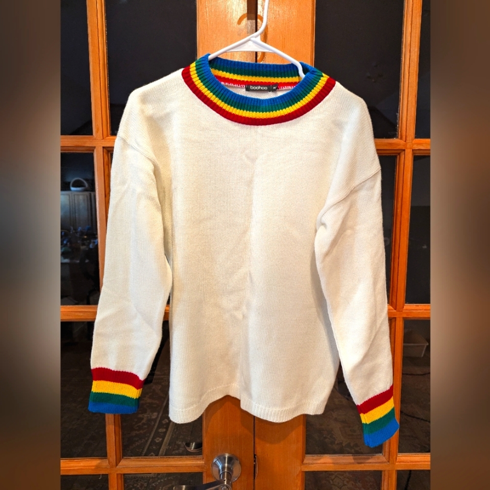 Boohoo Cream Crewneck Sweater with Rainbow Trim